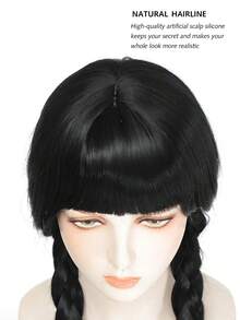 Double Ponytail Long Braided Wig With Bangs For Women&Girls Wednesday Cosplay Wig Halloween Costumes Wigs Party Cosplay Gifts Selfie Use - Black - View 4