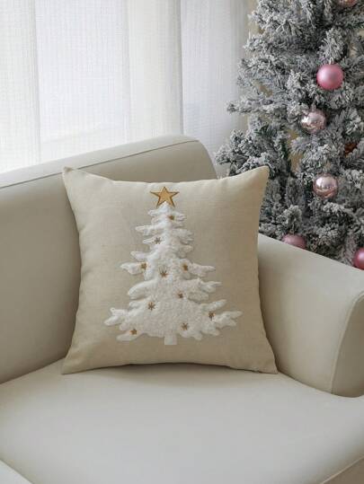 1pc Christmas Tree Plush Embroidered Decorative Pillow Cover, For Indoor Decor, No Pillow Insert