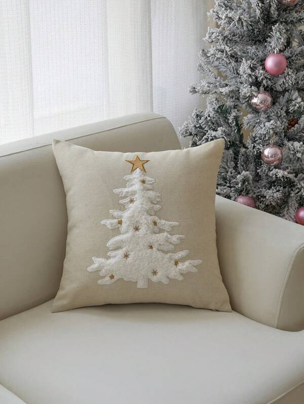 1pc Christmas Tree Plush Embroidered Decorative Pillow Cover, For Indoor Decor, No Pillow Insert