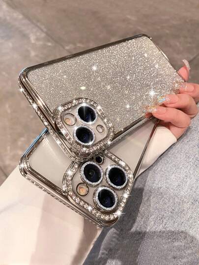 Luxury Rhinestone Sequin Electroplated Silver Color Phone Case With Lens Film, Compatible With IPhone 17 Pro Max/17 Pro/17 Air/17/16 Pro Max/16/16 Pro/16 Plus/16e/15/15 Pro Max/15 Pro/15 Plus/11/12/13/14 Pro Max/11 Pro/11 Pro Max/12 Pro/12 Pro Max/13 Pro/13 Pro Max/14 Pro/14 Pro Max/14 Plus/13 Mini/12 Mini, Minimalist Creative Design