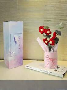 1 Set Handmade Knit Yarn Artificial Flower Bouquet With 5pcs Crochet Flowers, Fabric Knitted Flowers, Plastic Barrel, Packaging Paper Suitable For Birthday Or Anniversary Gift For Mom,Women, Bestie, Friend, Mother'S Day Gift, Valentine'S Day Gift, Birthday Gifts, Home Table Decoration, Valentine Day, Gift,Fake Plants