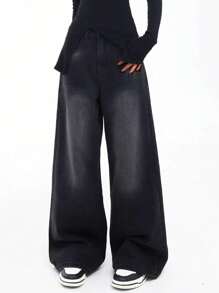 Quần jeans ống đứng rộng rãi cổ điển dành cho bé gái tuổi teen & thanh thiếu niên, phong cách thường ngày của Mỹ, màu đen và xám - màu đen - Xem 1