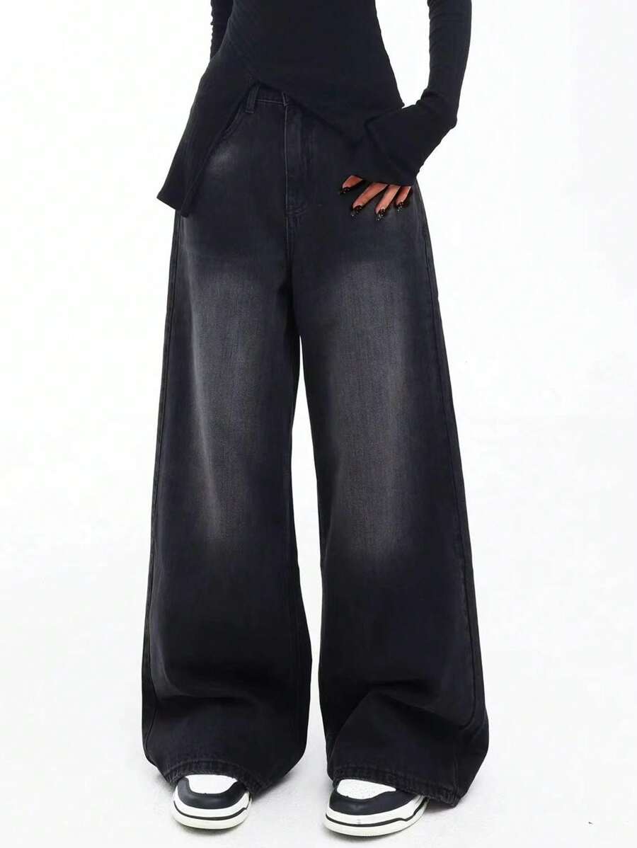 Quần jeans ống đứng rộng rãi cổ điển dành cho bé gái tuổi teen & thanh thiếu niên, phong cách thường ngày của Mỹ, màu đen và xám - màu đen - Xem 1