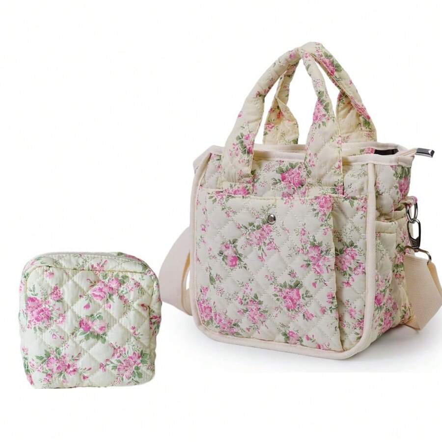 Multifunctional Quilted Floral Handbag For Women - Cute Coquette Aesthetic, Crossbody Bag For Daily Casual Use And Outdoor Travel - 粉紅花2件套 - 查看 1