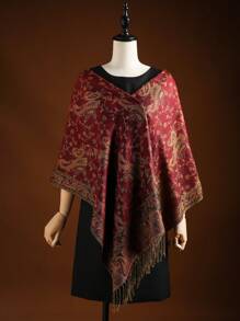 1pc Boho Tassel & Paisley Jacquard Pashmina Shawl/Scarf/Wrap Red Scarf