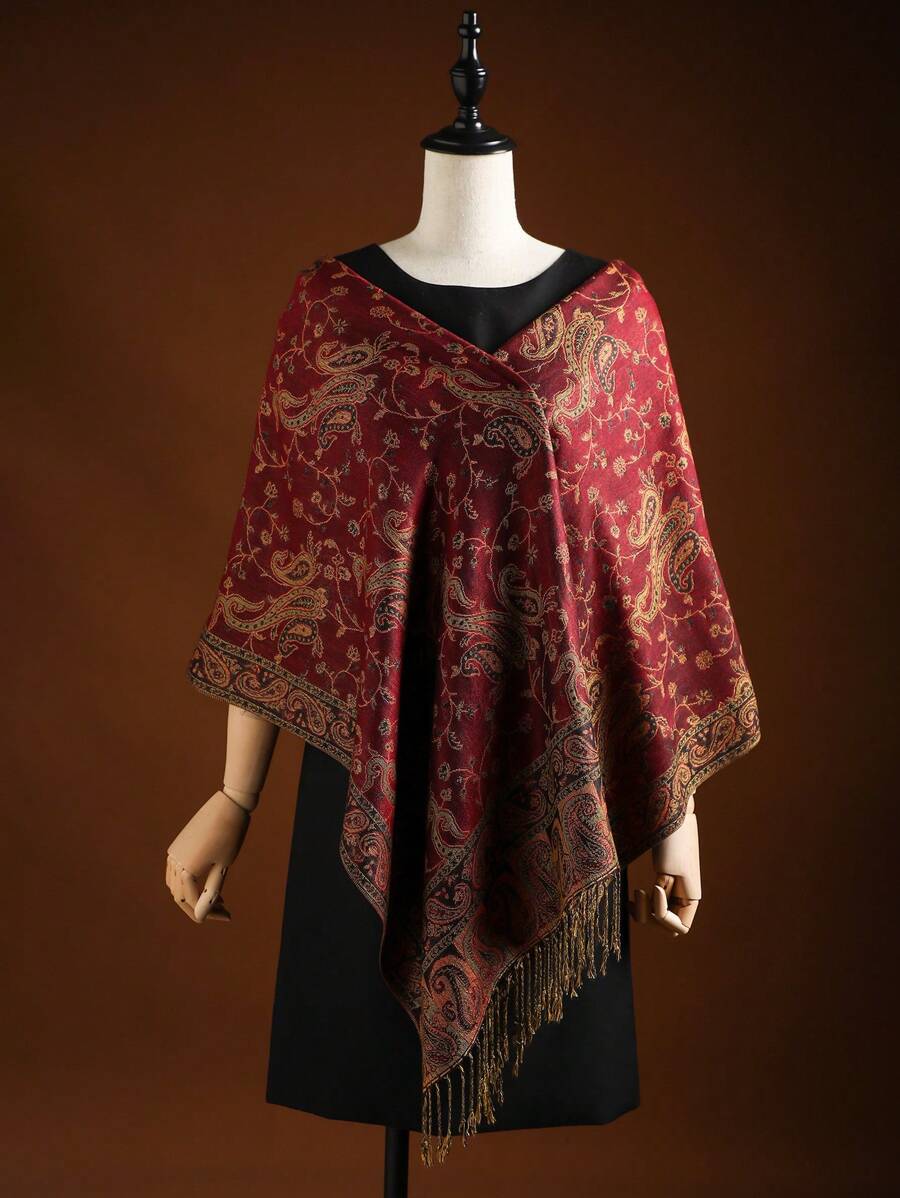1pc Boho Tassel & Paisley Jacquard Pashmina Shawl/Scarf/Wrap Red Scarf