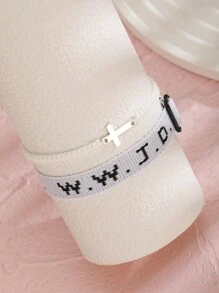 2pcs/Set Minimalist Stainless Steel Cross Bracelets & Wwjd Letter What Would Jesus Do Christian Jewelry Jacquard Knit Wristband Bracelet Set For Women For Party Jewelry