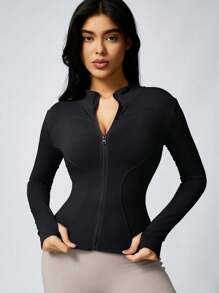 2pcs Women Fashion Solid Color Thumb Hole Long Sleeve Zipper Sports Top, Tight Outdoor Jacket