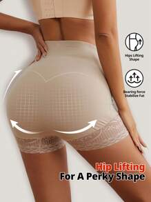 FLARIXA 女士高腰收腹蕾丝短裤内裤产后塑身平角内裤裙下内衣提臀塑身衣防滚 - 米色 - 查看 3