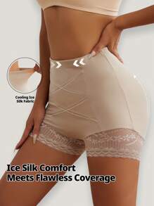 FLARIXA 女士高腰收腹蕾丝短裤内裤产后塑身平角内裤裙下内衣提臀塑身衣防滚 - 米色 - 查看 5
