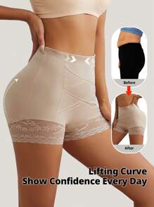 FLARIXA 女士高腰收腹蕾丝短裤内裤产后塑身平角内裤裙下内衣提臀塑身衣防滚 - 米色 - 查看 6