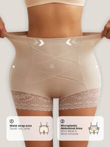 FLARIXA 女士高腰收腹蕾丝短裤内裤产后塑身平角内裤裙下内衣提臀塑身衣防滚 - 米色 - 查看 4