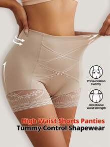 FLARIXA 女士高腰收腹蕾丝短裤内裤产后塑身平角内裤裙下内衣提臀塑身衣防滚 - 米色 - 查看 2