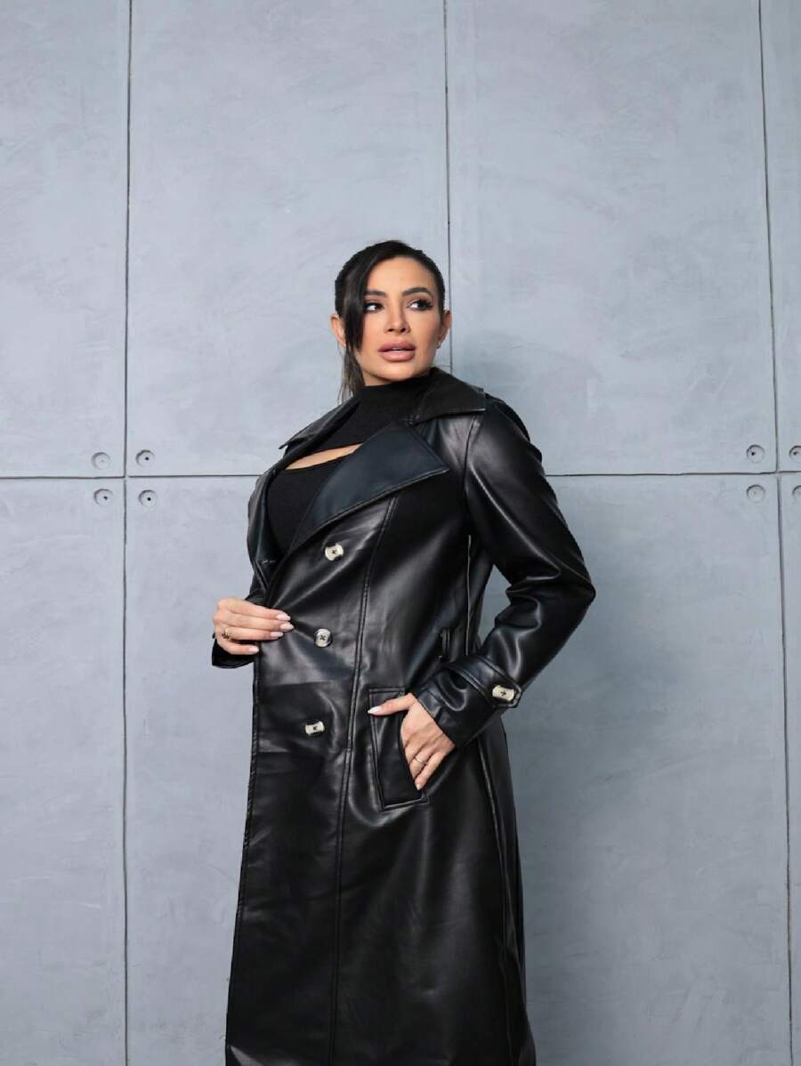 Women's Long PU Leather Lined Overcoat - 黑色 - 查看 1