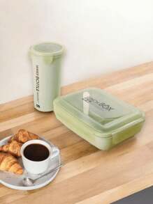 Fiambrera portátil + Taza rectangular kawaii con dibujos y cuchara, oferta del - Verde - Ver 8