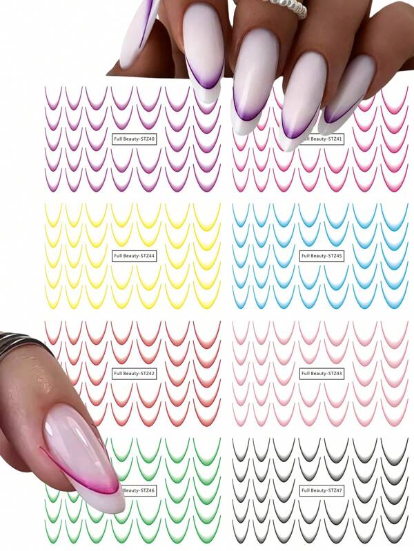 8pcs Gradient French Line Nail Sliders Water Transfer Stickers Purple Pink Blue French Tips Nail Art Decorations Manicure Accessories