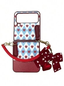 Apple Cute Korean Heart Bow Pendant Rhombus Lattice With Handbag Leather Phone Case Compatible With Samsung Galaxy Z Flip5 Z Flip6 ZFlip 3 Z Flip 4 Shockproof Back Cover