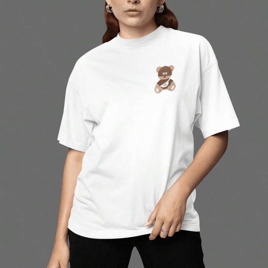 New Fashion Women's Blouse Bear Printed Fanny Pack 100% Cotton T-Shirt - trắng - Xem 1