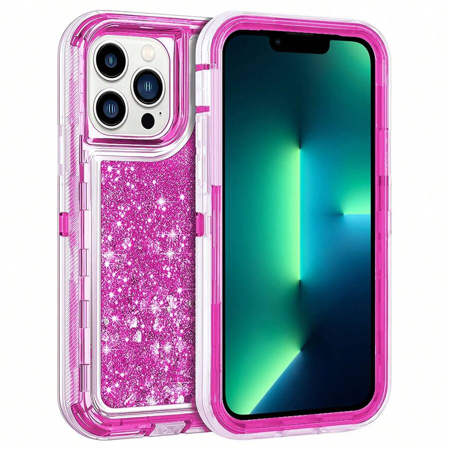 Modes Wireless For IPhone 15 Pro 6.1 Inch Dual Layer Protective Shockproof Tough Defender Sparkling Liquid Glitter Heart Case Cover - 粉色 - 查看 1