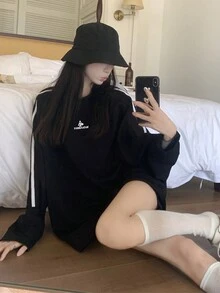 Casual Style Oversized Crew Neck Long Sleeve Sweatshirt,Long Sleeve Tops - Black - View 2