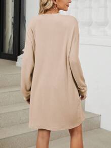 Women Long Sleeve Dress Crewneck Casual Cute Loose Soft Flowy Swing Shift Dresses Fall Winter Spring Solid Ribbed T-Shirt Midi Dress Outfits - 杏色 - 查看 6