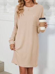 Women Long Sleeve Dress Crewneck Casual Cute Loose Soft Flowy Swing Shift Dresses Fall Winter Spring Solid Ribbed T-Shirt Midi Dress Outfits - 杏色 - 查看 5