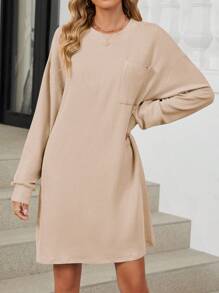 Women Long Sleeve Dress Crewneck Casual Cute Loose Soft Flowy Swing Shift Dresses Fall Winter Spring Solid Ribbed T-Shirt Midi Dress Outfits - 杏色 - 查看 2