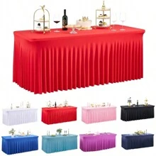 半件装弹力桌布，适用于长方形桌子，抗皱，带裙边，适用于派对、婚礼、生日、活动（多种颜色和尺寸可选） - 彩色 - 查看 16