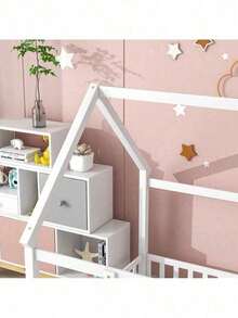 Full Size Floor Wooden Bed With House Roof Frame, Fence Guardrails ,Pink - 白色+松木+全色 - 查看 4