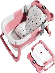 Bañera Plegable para Bebe, Tina de Baño para Bebe con Cojín Antideslizante y Pantalla de Temperatura, Bañera de Viaje Portátil para Recién Nacido (Rosa) - Rosa - Ver 1