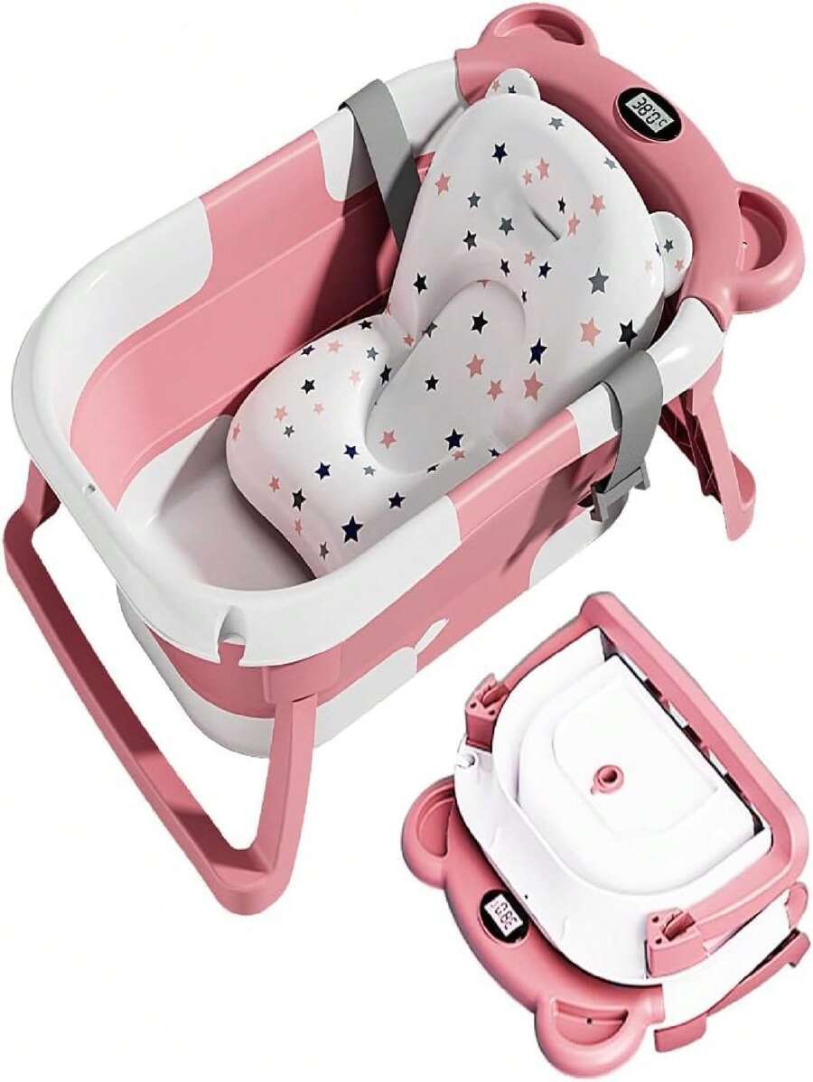 Bañera Plegable para Bebe, Tina de Baño para Bebe con Cojín Antideslizante y Pantalla de Temperatura, Bañera de Viaje Portátil para Recién Nacido (Rosa) - Rosa - Ver 1