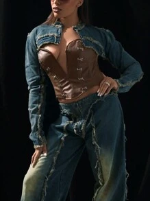 Frayed Edge Super Short Length Long Sleeve Denim Jacket - Blue - View 3