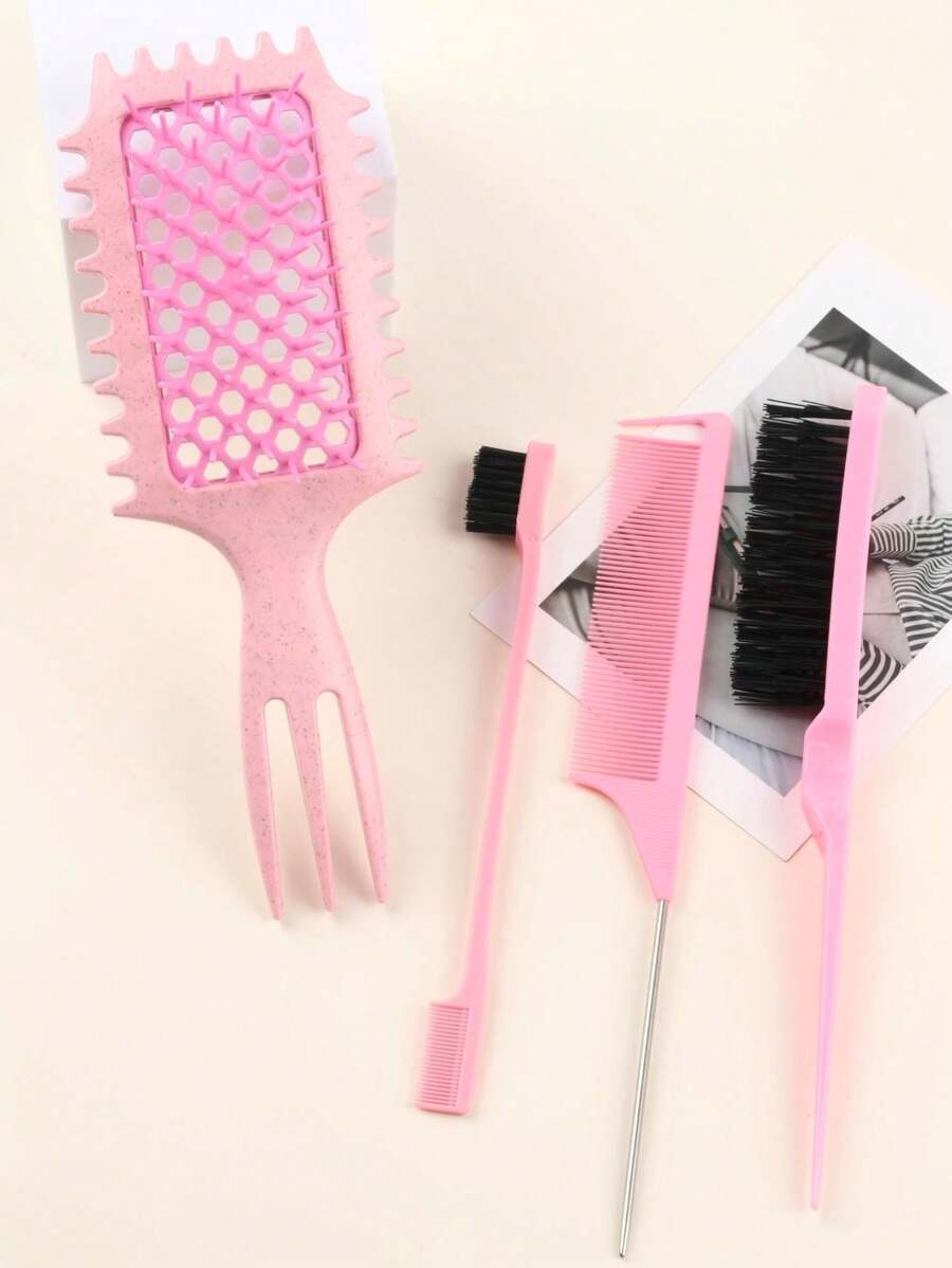 4pcs Styling Hair Brush Set, Hollow Out Comb, Teasing Brush, Rat Tail Comb & Edge Control -, Fragrance-Free, Ideal For All Hair Types - Multicolor - View 1