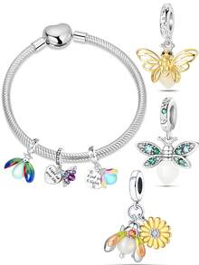 镀银吊饰花朵爱心七彩夜光萤火虫动物系列吊坠吊坠球适用于手链 DIY 女士珠宝 - 銀色 - 查看 2