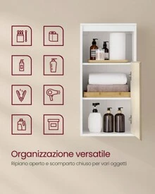 VASAGLE Mobiletto da Bagno, Armadietto Bagno da Parete, Anta con Direzione di Apertura Regolabile, Ripiano Regolabile, 30 x 40 x 80 cm, Bianco Nuvola e Beige Naturale