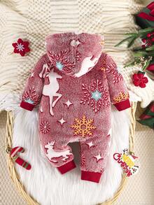 女婴圣诞驯鹿雪花印花拉链连帽长袖连体衣，婴儿冬季服装 - 紅色 - 查看 2