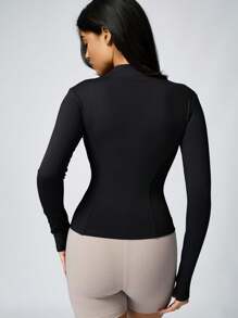 2pcs Women Fashion Solid Color Thumb Hole Long Sleeve Zipper Sports Top, Tight Outdoor Jacket