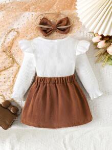 3pcs Baby Girl Set: Solid Color Flutter Sleeve Top, Bow Decor Skirt, Hair Scrunchie - Brown - View 2