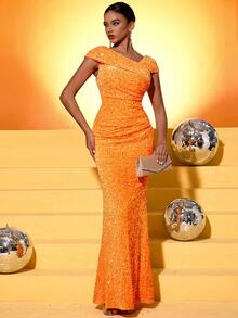 Fuaheng 优雅闪光连衣裙，不对称领口和褶皱细节，正式晚会礼服，适合婚礼嘉宾、毕业典礼、晚宴派对礼服