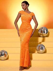 Fuaheng 优雅闪光连衣裙，不对称领口和褶皱细节，正式晚会礼服，适合婚礼嘉宾、毕业典礼、晚宴派对礼服