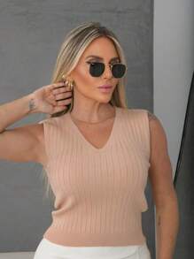 Women's Basic Ribbed V-Neck Modal Knit Blouse - Màu be - Xem 1