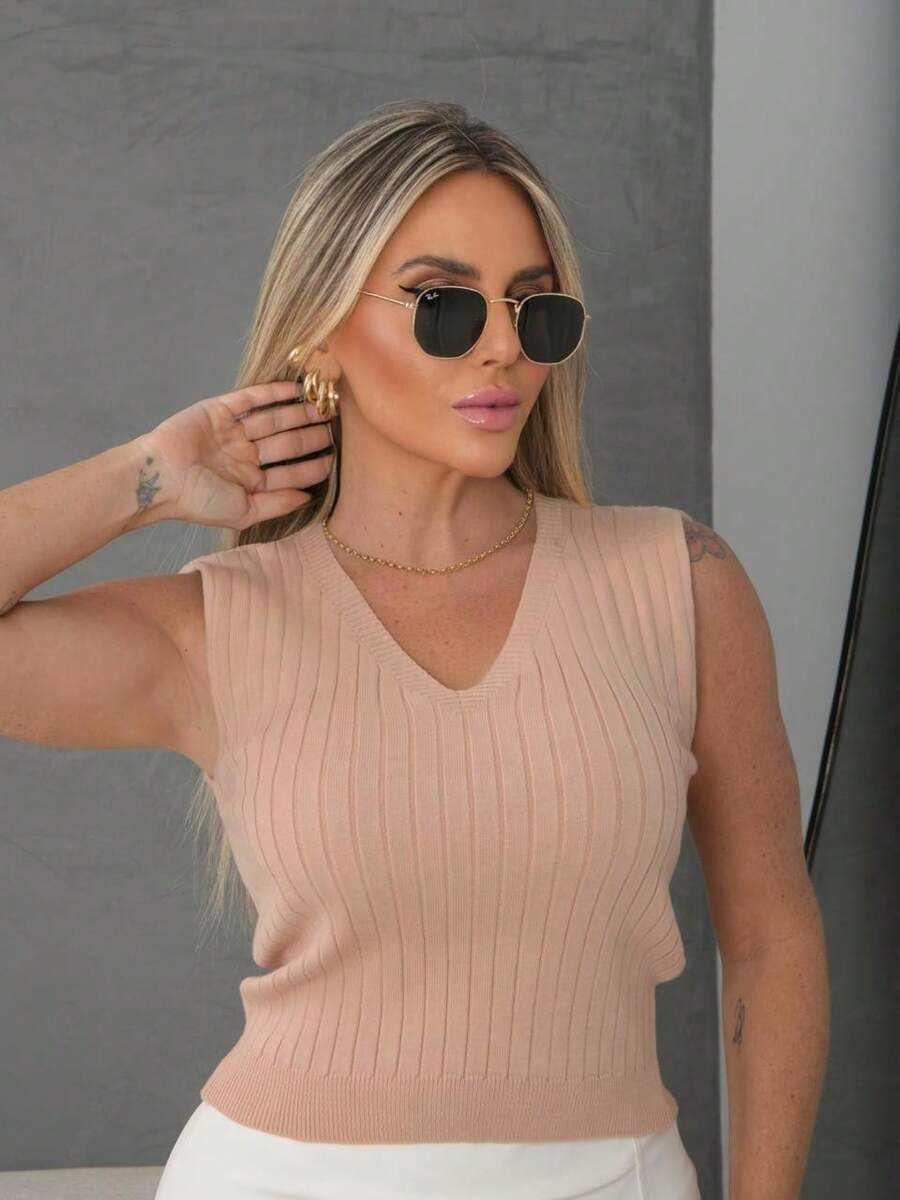 Women's Basic Ribbed V-Neck Modal Knit Blouse - Màu be - Xem 1