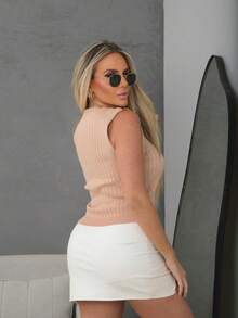 Women's Basic Ribbed V-Neck Modal Knit Blouse - Màu be - Xem 2