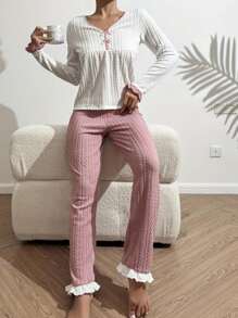 2pcs Women Pajama Set, Long Sleeve Top & Long Pants, Waffle Knit Fabric Striped, Comfortable Casual Loungewear
