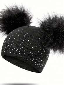 1pc Kids' Solid Double Pompom Rhinestone Knit Beanie Hat With Foldable Brim For Warm - Black - View 3