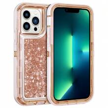Modes Wireless For IPhone 15 Pro 6.1 Inch Dual Layer Protective Shockproof Tough Defender Sparkling Liquid Glitter Heart Case Cover - 金色 - 查看 2