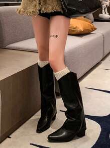 Retro High Shaft Boots, French Style Versatile Western Cowgirl Boots, Knee-High Boots For Petite Women - Black - View 3