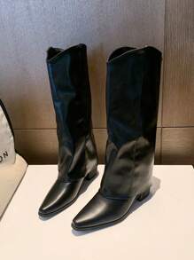 Retro High Shaft Boots, French Style Versatile Western Cowgirl Boots, Knee-High Boots For Petite Women - Black - View 5