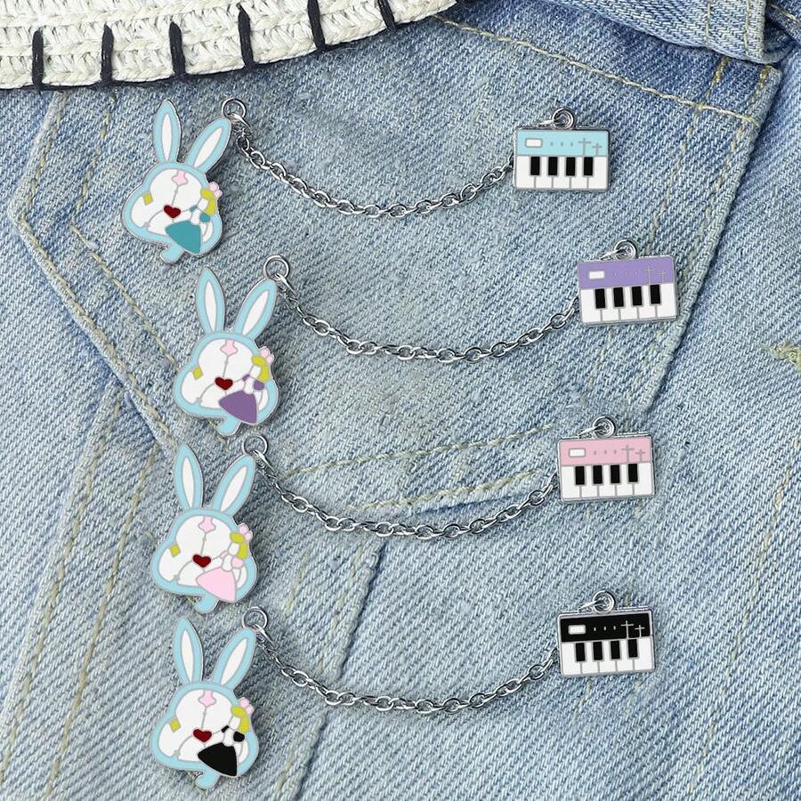1 件装迷你电子风琴兔子珐琅别针卡通动物金属链胸针时尚夹克翻领别针背包徽章女孩首饰 - 彩色 - 查看 1