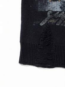 ANDREILEE 春夏秋冬新款男士街头时尚法式油画印花做旧针织衫，男女皆宜休闲圆领修身套头衫，长袖上衣 - 黑色 - 查看 5